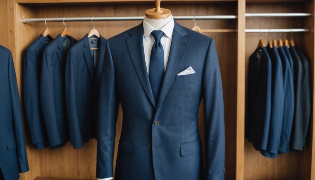 Costume homme bleu marine bien coupé sur un cintre en bois dans une boutique
