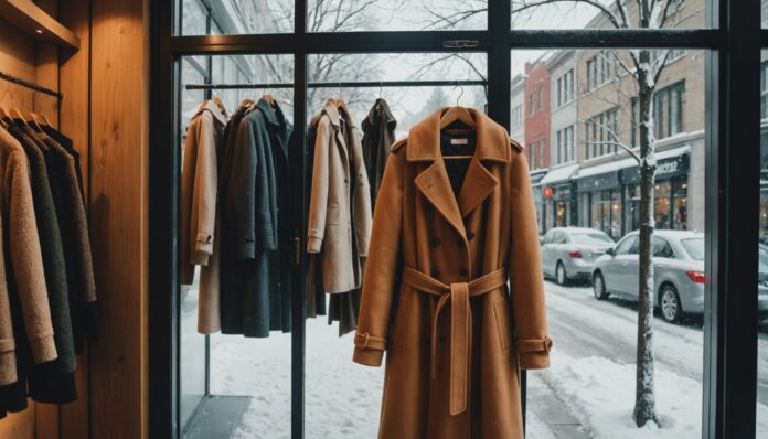 Manteau femme d'hiver présenté dans la vitrine d'une boutique à Montréal