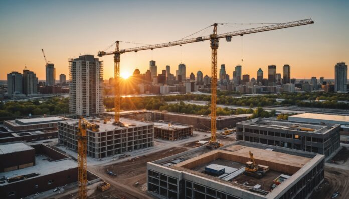 Grue et immeubles résidentiels en construction à Montréal au coucher du soleil