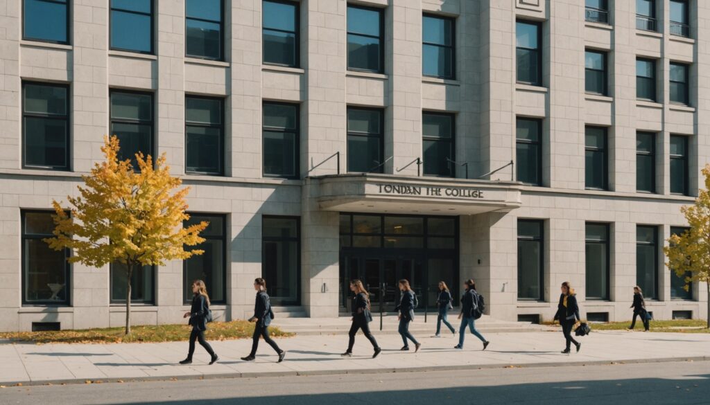 Façade d'un collège privé au centre-ville de Montréal à la rentrée scolaire