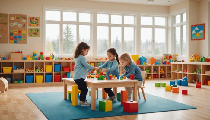 Salle de garderie lumineuse avec des enfants qui jouent, illustration des services de garde au Québec