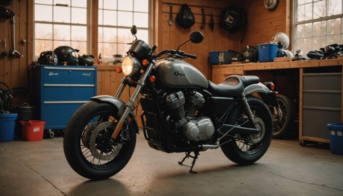 Illustration générée par IA d'une moto garée dans un garage au Québec en automne, non représentative d'un modèle précis