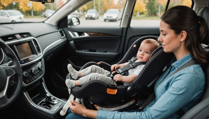 Illustration générée par IA d'un parent vérifiant un siège auto convertible pour bébé dans une voiture, ne représente pas un modèle exact