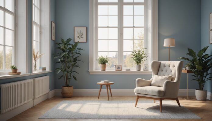 Illustration générée par IA d'un bureau de psychothérapie apaisant, fauteuil vide près d'une fenêtre