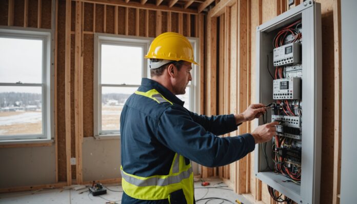 Électricien au travail sur un chantier résidentiel au Québec