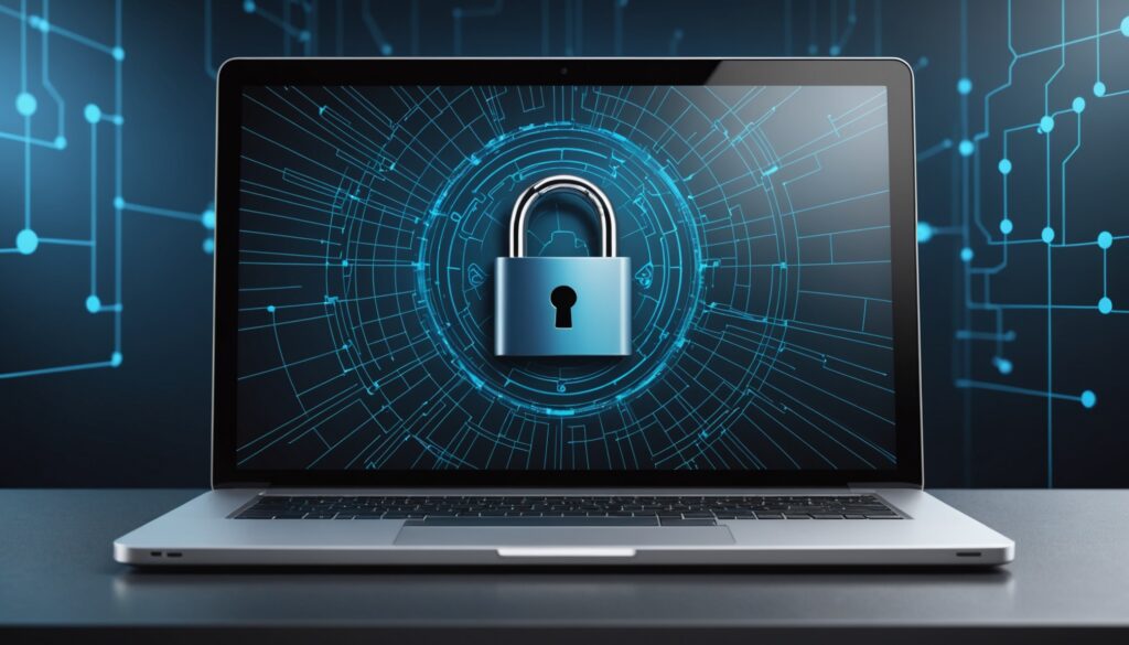 Illustration generee par IA d'un bouclier de cybersecurite sur ecran d'ordinateur
