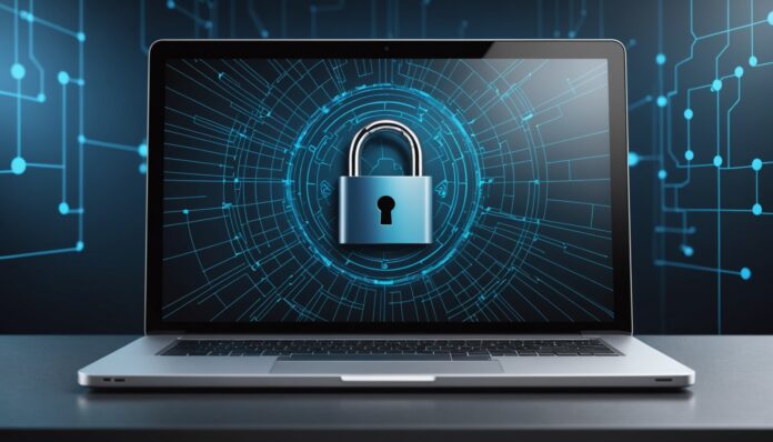 Illustration generee par IA d'un bouclier de cybersecurite sur ecran d'ordinateur