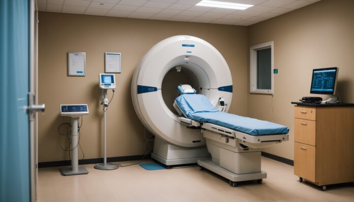 Salle d'examen par résonance magnétique vide dans un hôpital, couloir d'attente en arrière-plan